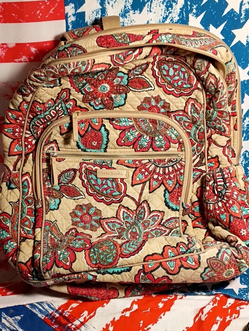 Vera Bradley Quilted Backpack in Red, Teal & Cream Floral